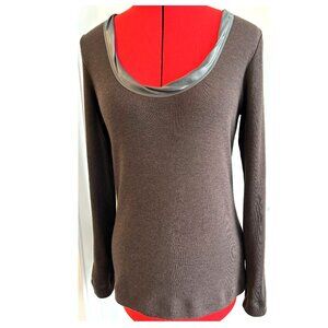 Lida Baday Deep Dark Brown Wool Sweater with  Satin Trim Collar Sz L